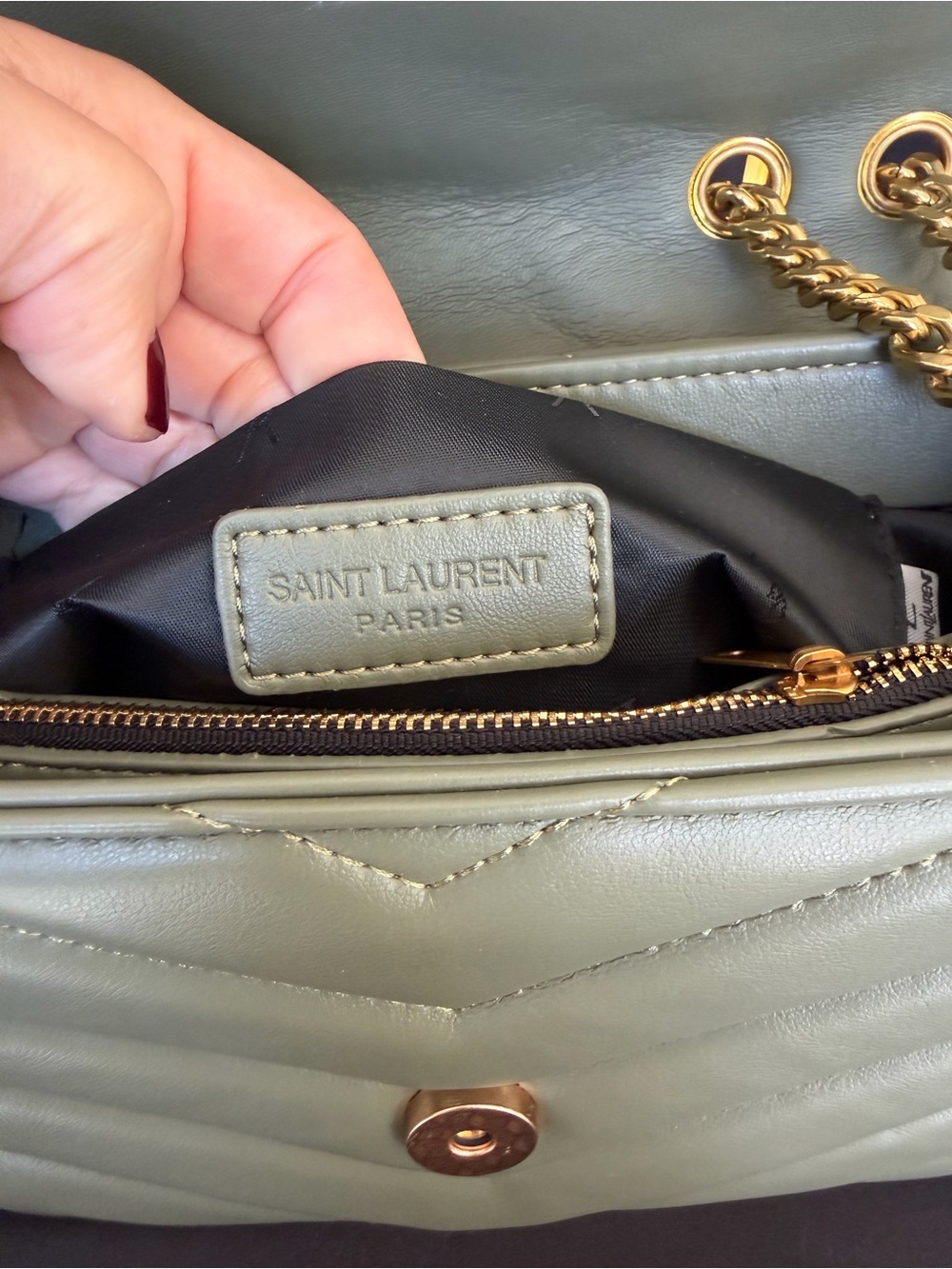 Quilted Chevron Shoulder Bag in Olive Green with Gold Hardware - Picture 8 of 11